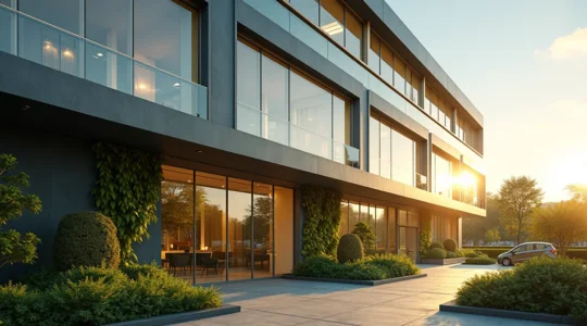 Vue moderne d'un bâtiment de bureaux avec façade en verre éco-énergétique intégrant des éléments de performance énergétique