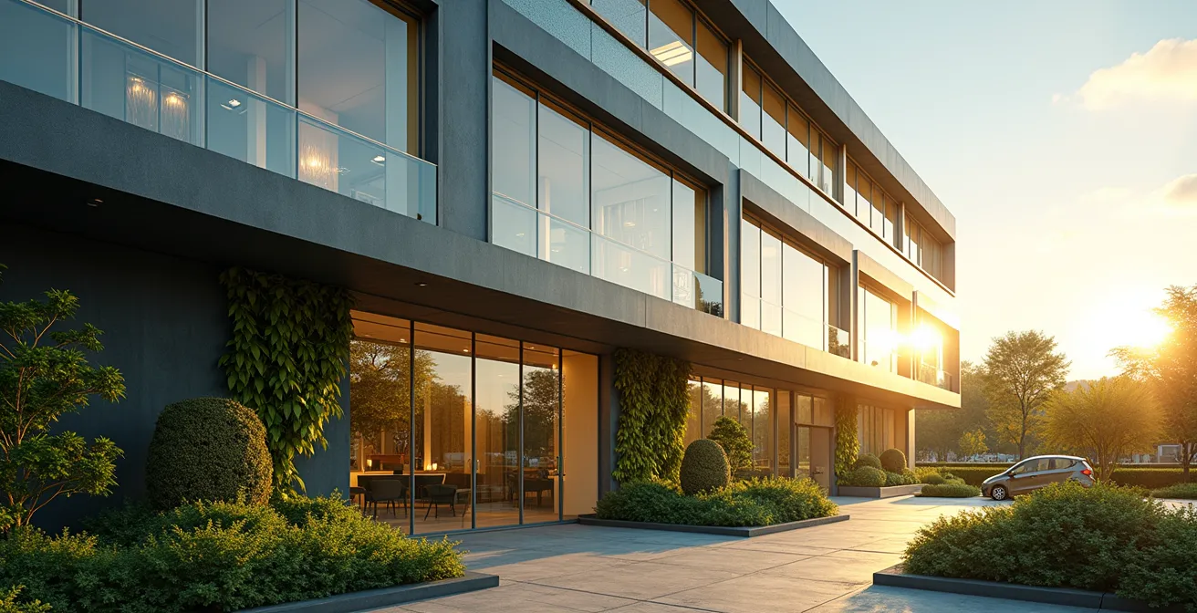 Vue moderne d'un bâtiment de bureaux avec façade en verre éco-énergétique intégrant des éléments de performance énergétique