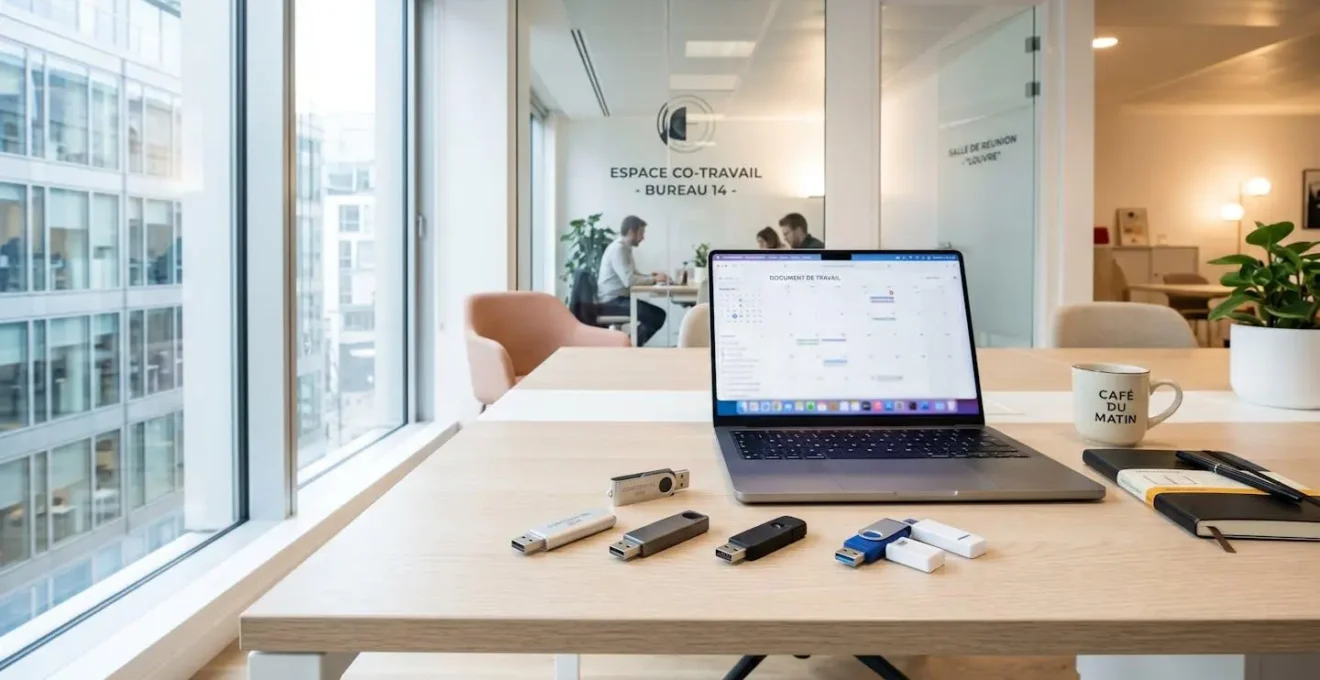 Plusieurs clés USB personnalisées disposées sur un bureau professionnel contemporain éclairé par la lumière naturelle d'une fenêtre