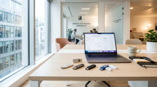 Plusieurs clés USB personnalisées disposées sur un bureau professionnel contemporain éclairé par la lumière naturelle d'une fenêtre