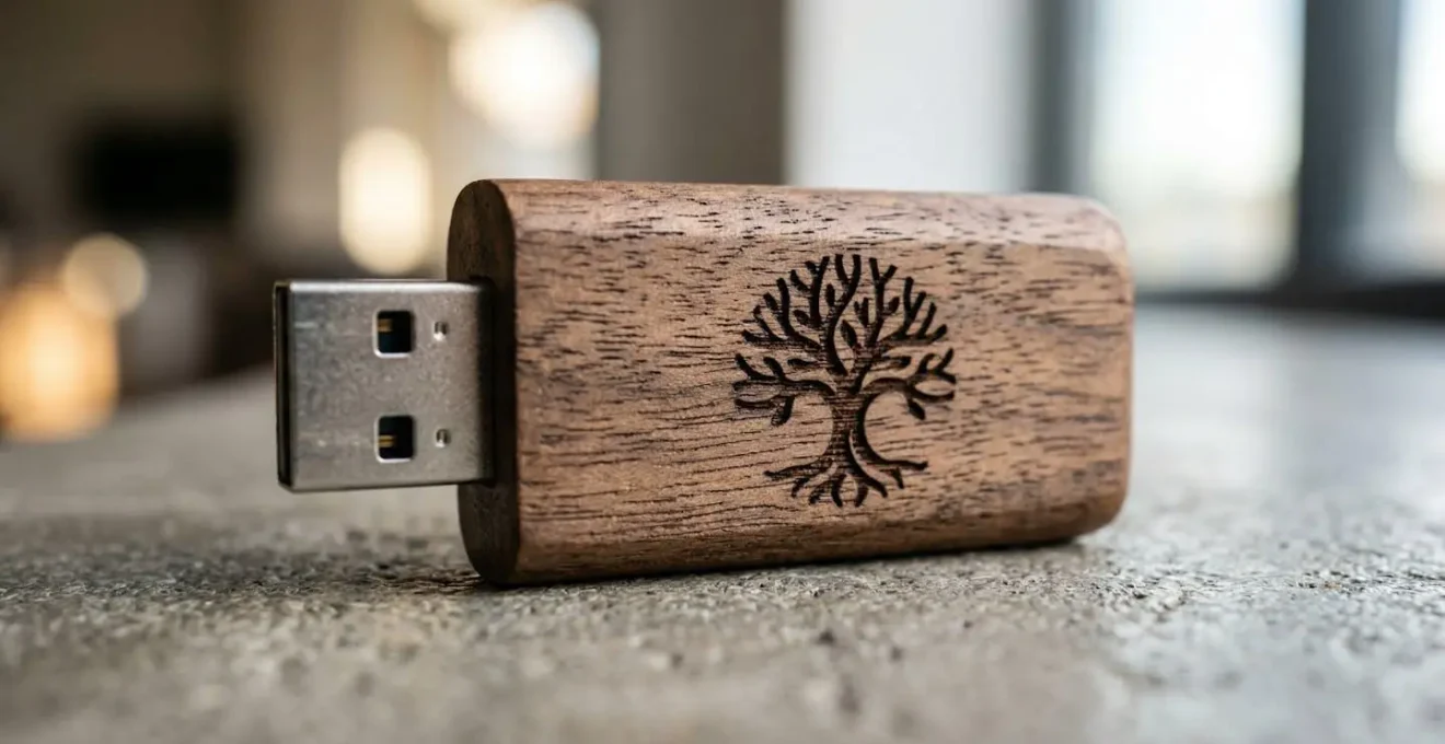 Gros plan sur une clé USB en bois naturel montrant la texture du grain et une zone de gravure laser, photographiée avec un flou d'arrière-plan