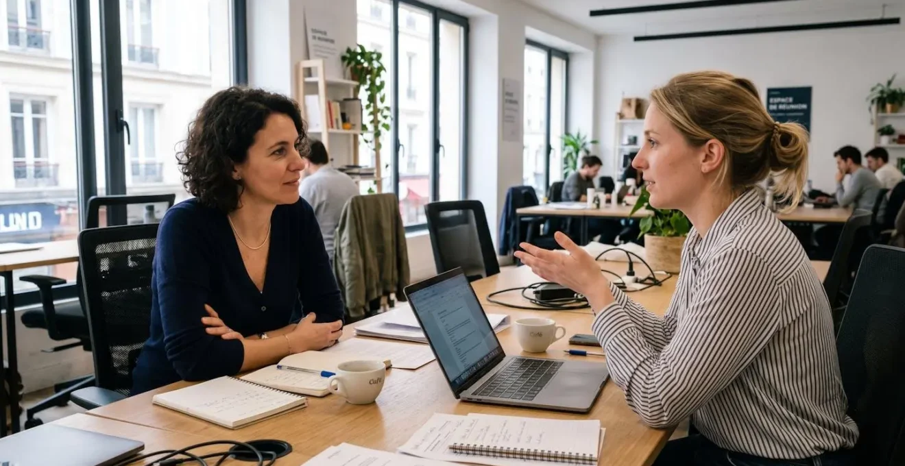 Deux professionnels en posture d'écoute active lors d'un échange commercial, profil naturel, environnement de travail contemporain