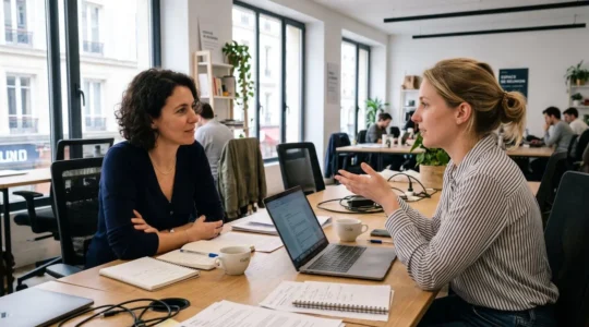 Deux professionnels en posture d'écoute active lors d'un échange commercial, profil naturel, environnement de travail contemporain