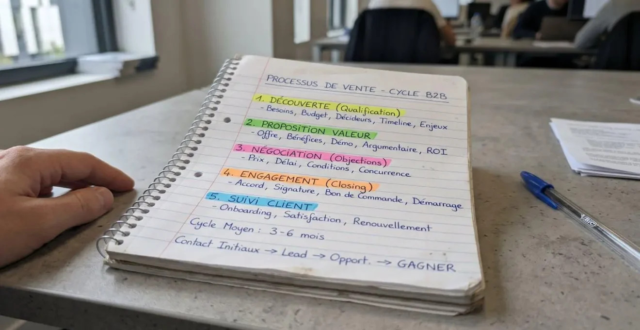 Notes manuscrites d'un framework de closing avec étapes surlignées en couleur, détail d'un bureau de travail authentique avec éclairage naturel