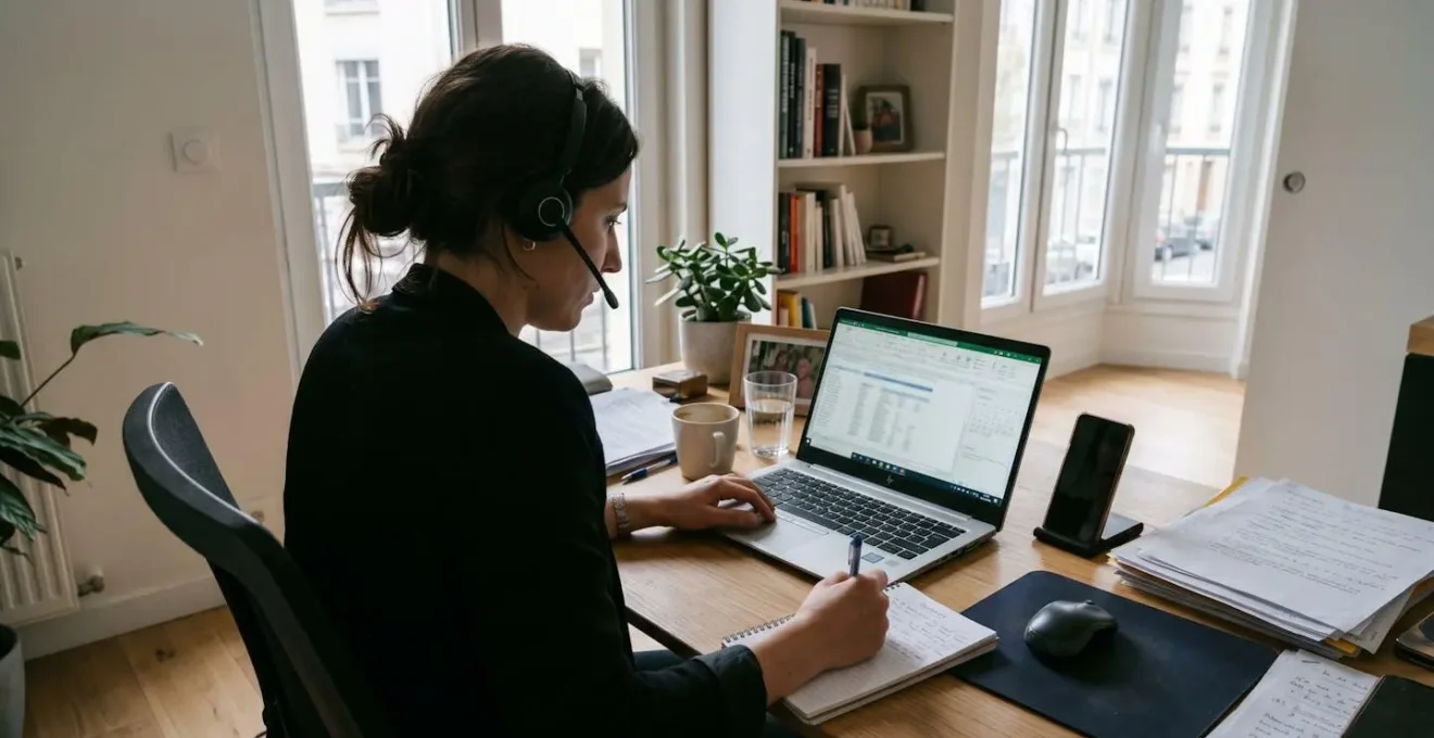 Professionnel au téléphone en posture d'écoute active, prenant des notes lors d'un appel commercial, environnement de télétravail authentique