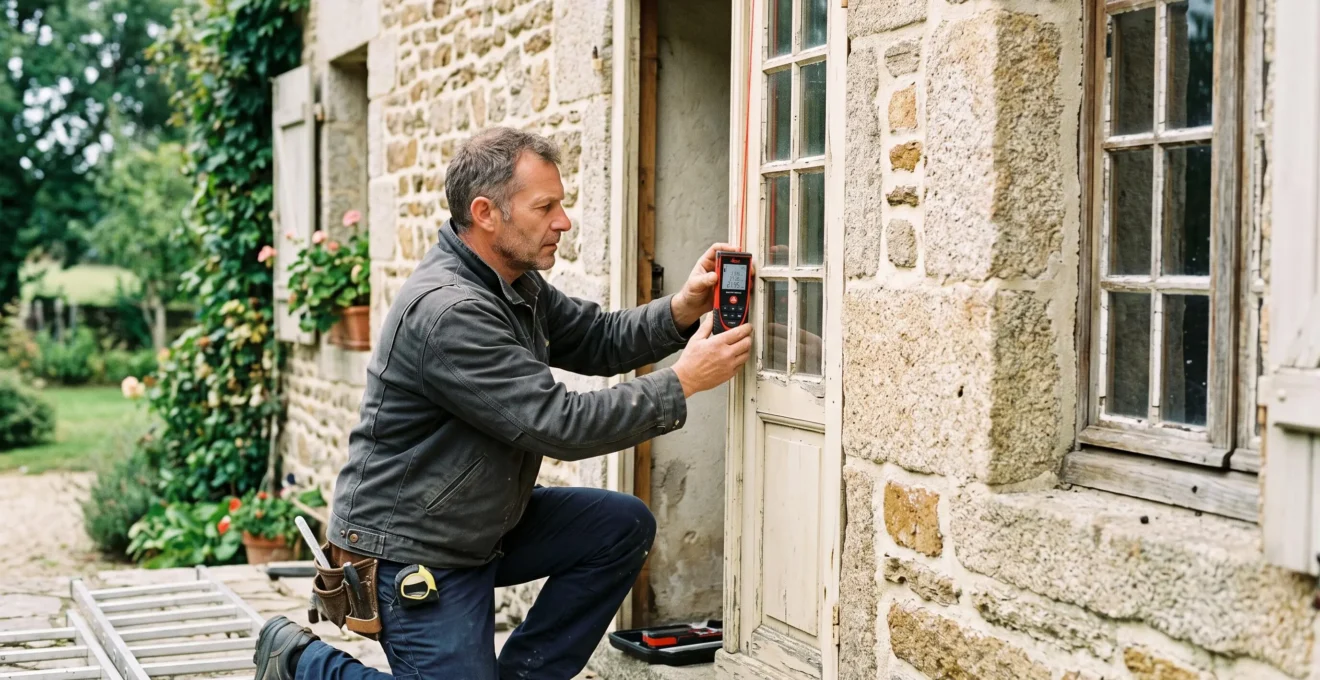 Artisan menuisier mesurant avec un mètre laser l'encadrement d'une fenêtre ancienne à petits carreaux dans un mur en pierre d'une maison traditionnelle française