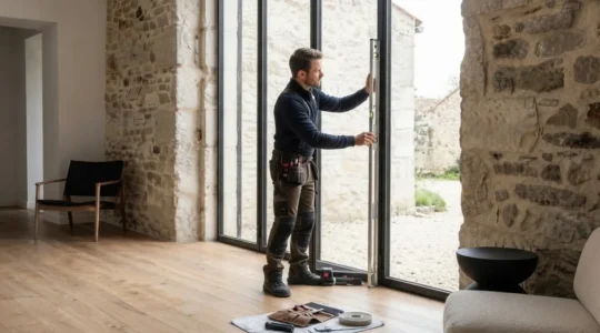 Artisan menuisier mesurant avec un mètre laser l'encadrement d'une fenêtre ancienne à petits carreaux dans un mur en pierre d'une maison traditionnelle française