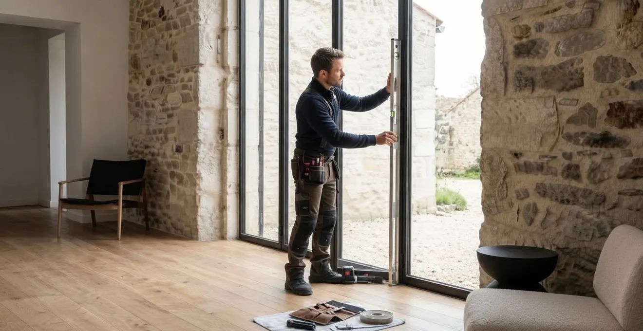 Artisan menuisier mesurant avec un mètre laser l'encadrement d'une fenêtre ancienne à petits carreaux dans un mur en pierre d'une maison traditionnelle française