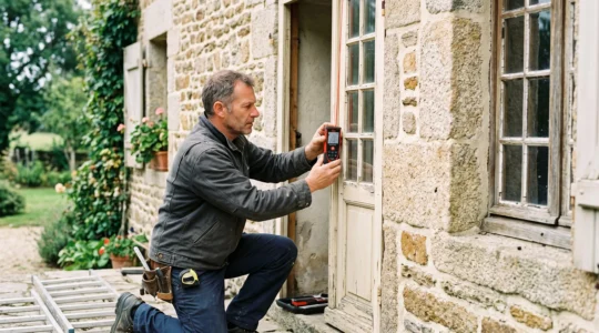 Artisan menuisier mesurant avec un mètre laser l'encadrement d'une fenêtre ancienne à petits carreaux dans un mur en pierre d'une maison traditionnelle française