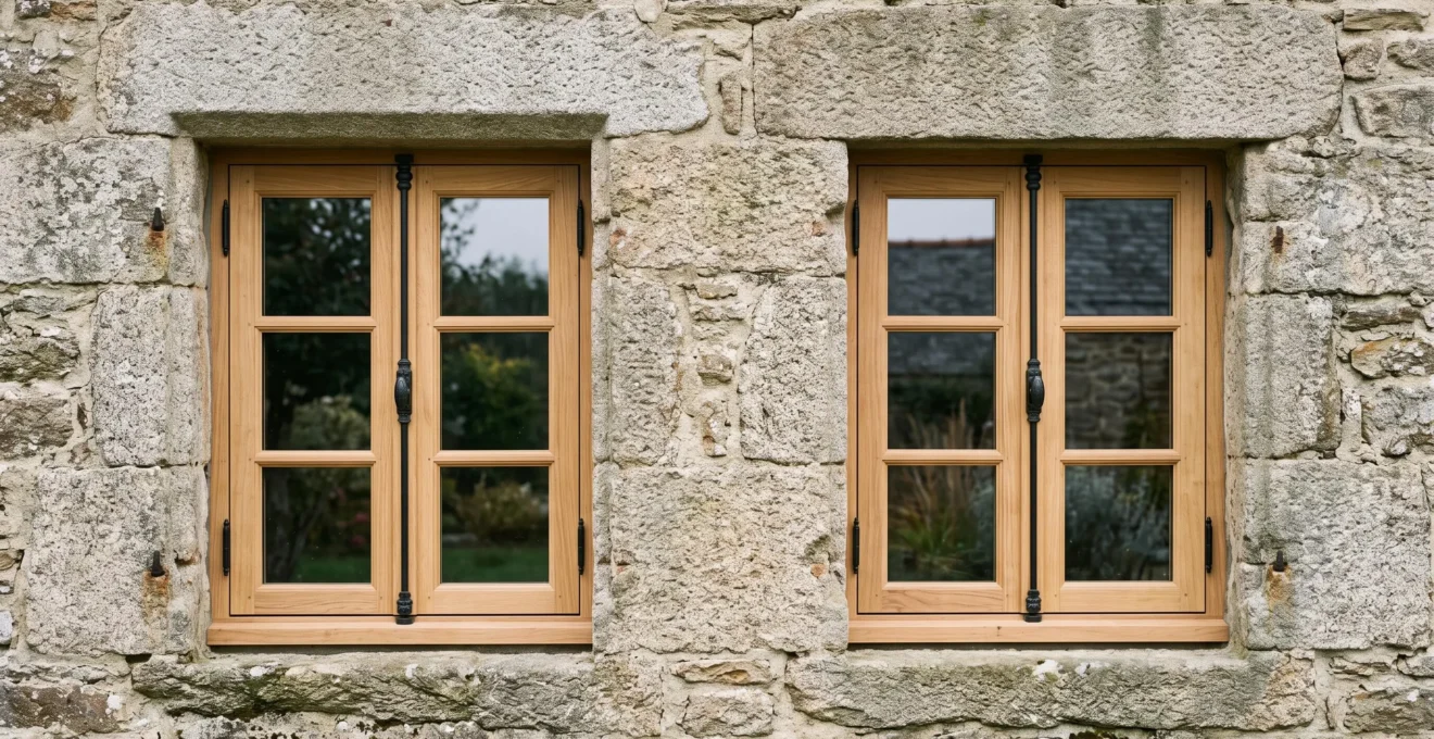 Façade en pierre d'une maison ancienne avec deux fenêtres bois sur-mesure à petits carreaux récemment restaurées, montrant l'ajustement précis aux ouvertures irrégulières