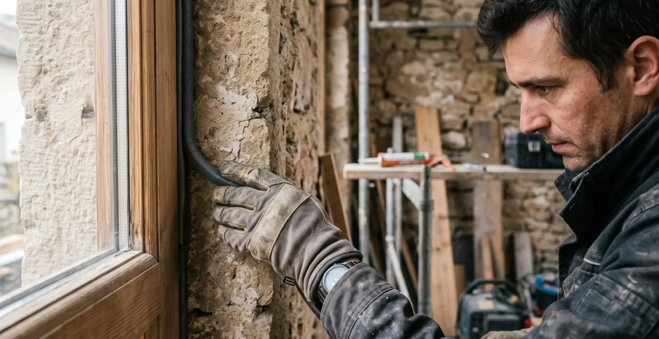 Gros plan sur la main d'un menuisier appliquant un joint d'étanchéité entre le dormant d'une fenêtre et le tableau en pierre, illustrant la précision de pose nécessaire