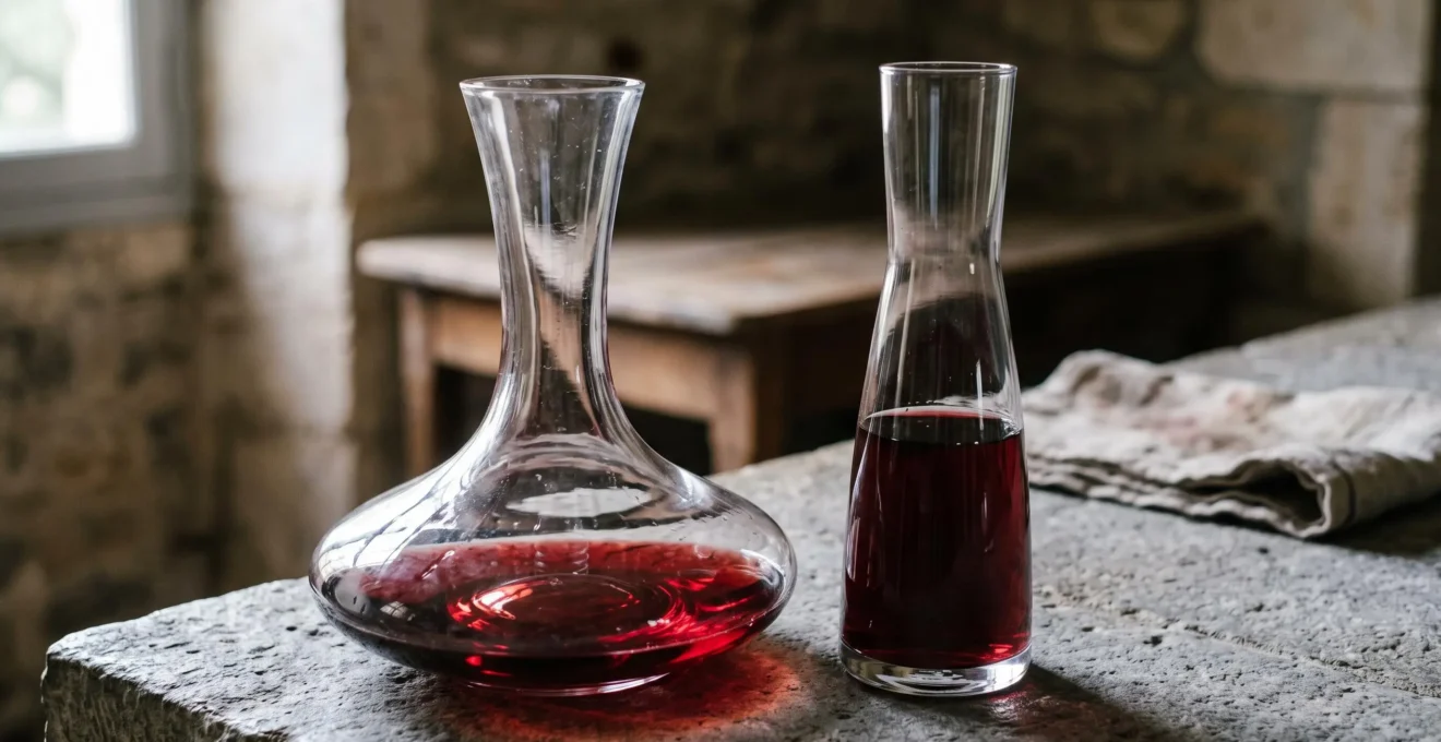 Une carafe à décanter large et une carafe fine côte à côte sur un plan de travail en pierre.