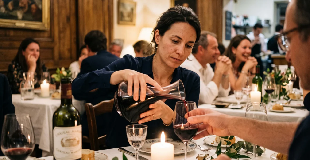 Une femme incline une carafe pour verser du vin rouge dans le verre d'un convive lors d'un dîner.