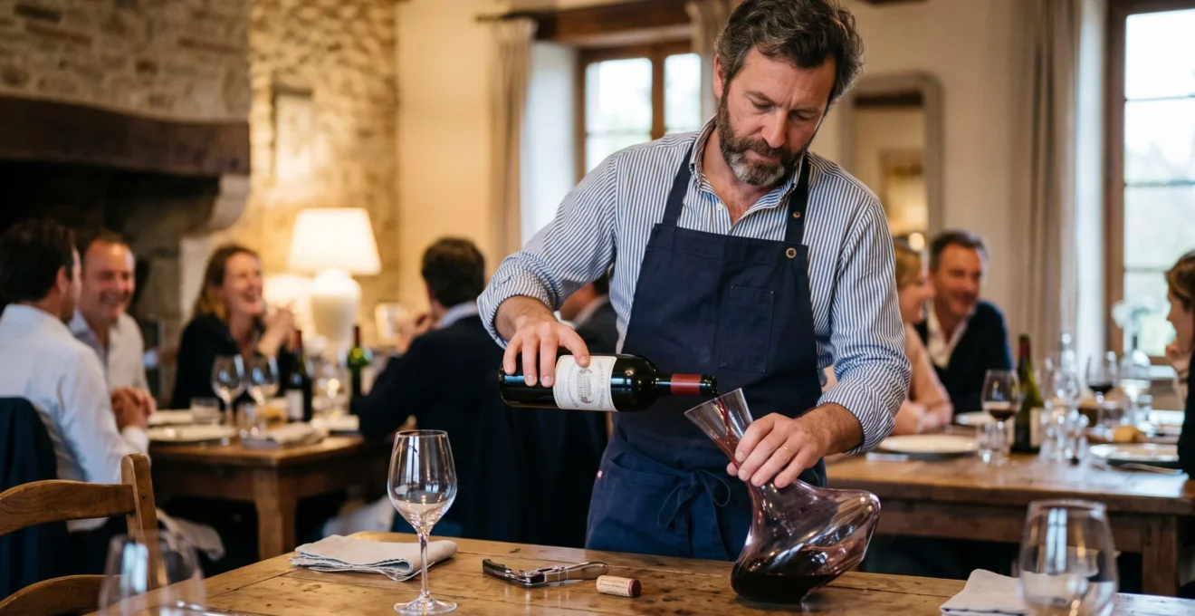 Un homme verse du vin rouge d'une bouteille dans une carafe à décanter posée sur une table en bois.