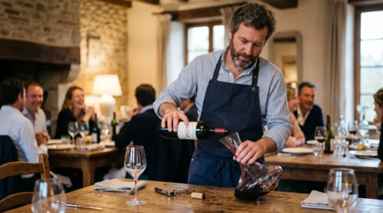 Un homme verse du vin rouge d'une bouteille dans une carafe à décanter posée sur une table en bois.