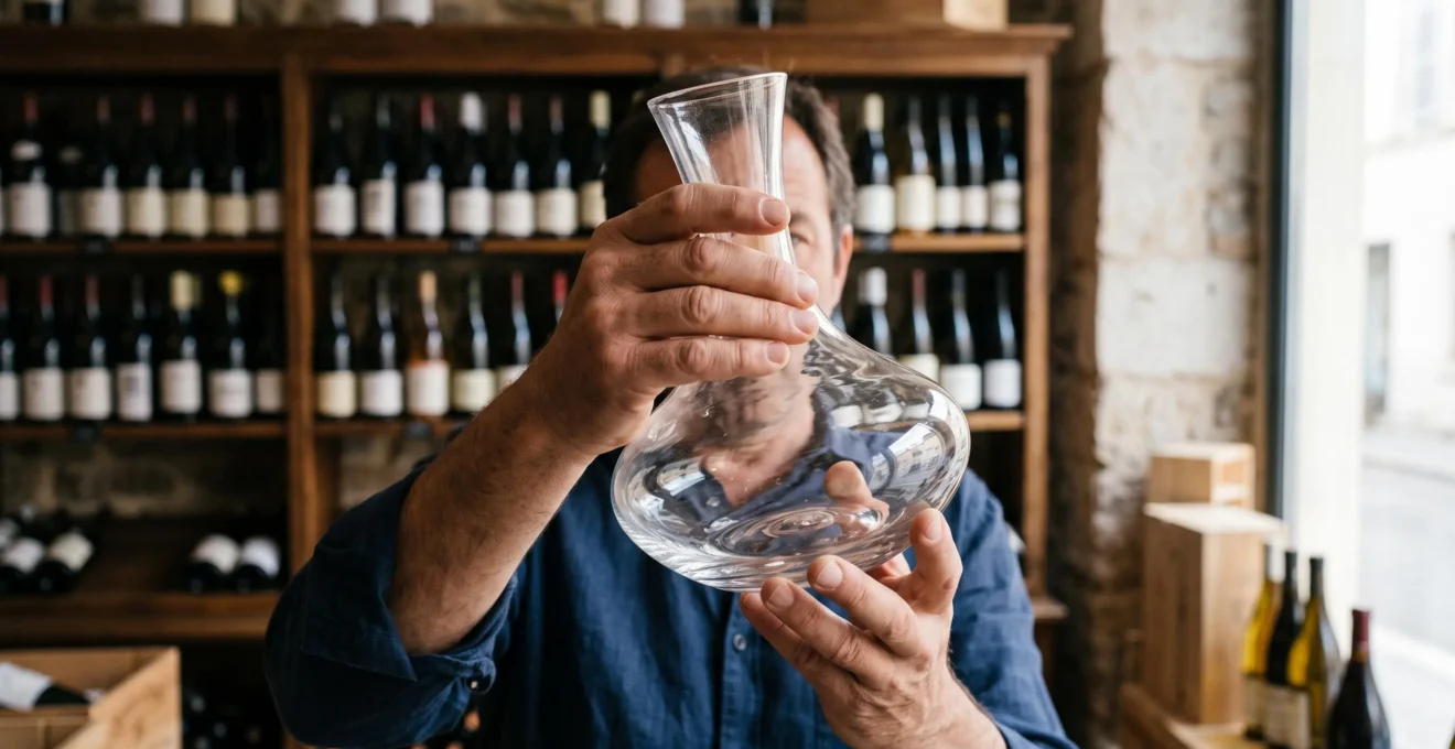 Des mains examinent une carafe à décanter en cristal devant la lumière dans une boutique à vins.